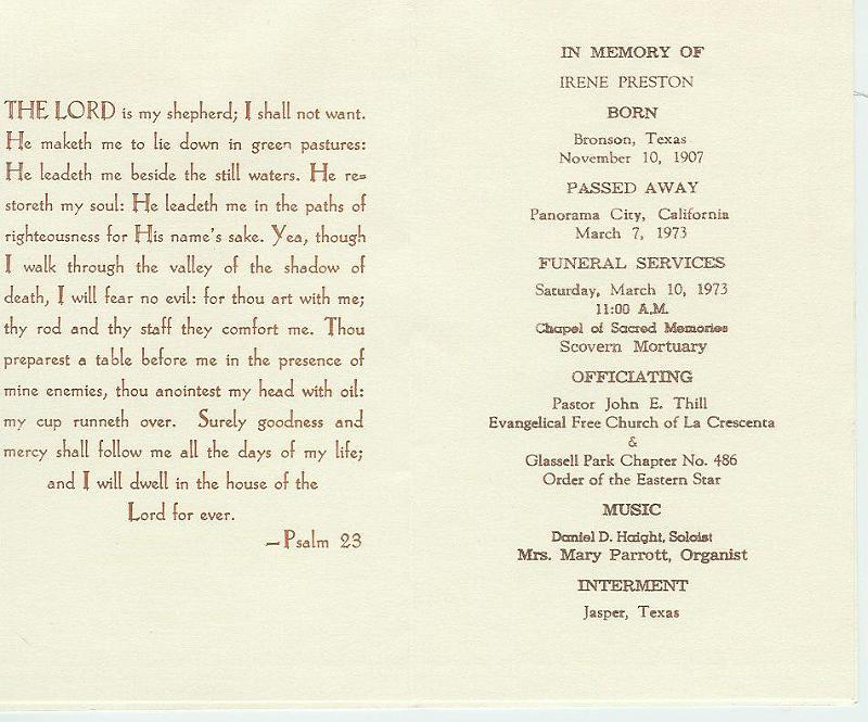 Irene Preston Funral 030773